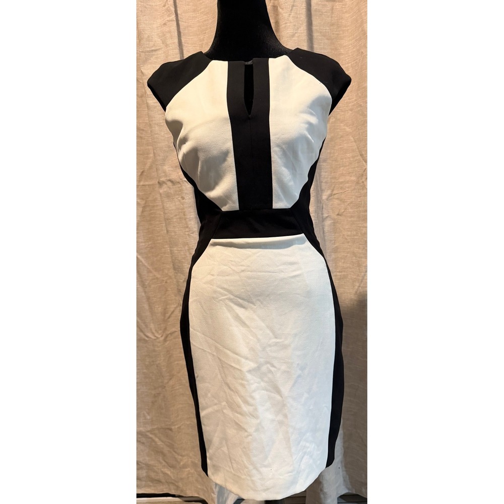 Cache Women Black White Colorblock Keyhole Cap Sleeve Sheath Dress‎ Size 2